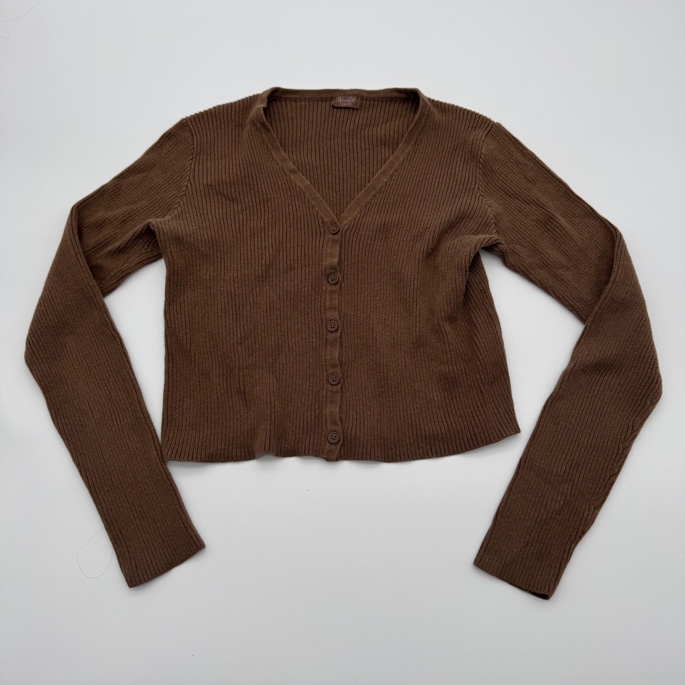 John Galt Brandy Melville Brown Ribbed Cropped Button Up Cardigan Womens OS